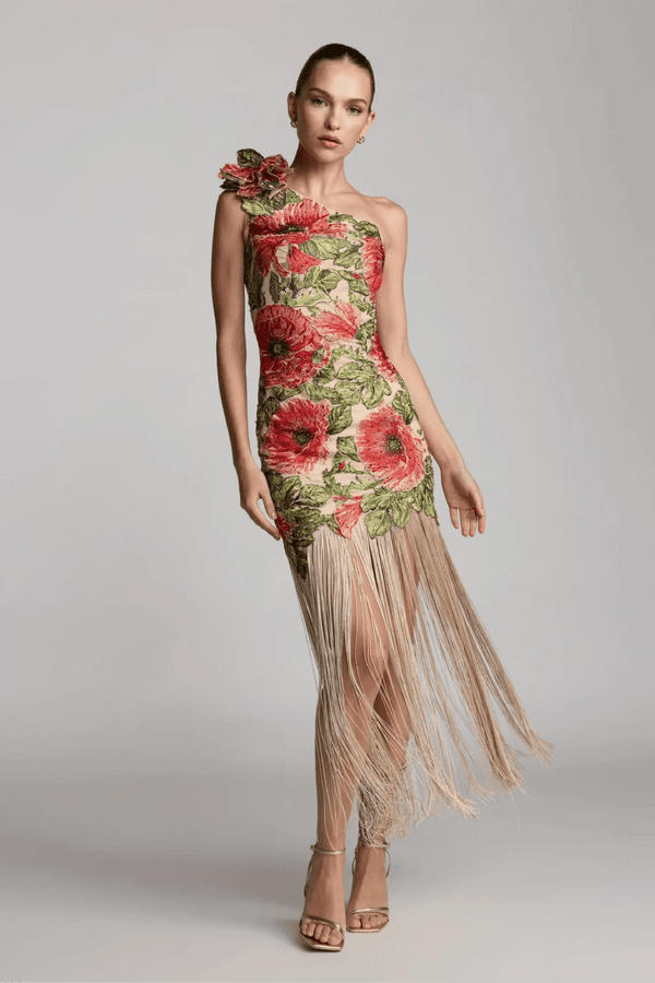 Embroidered One Shoulder Dress With Fringe Hem - ALBOUSHIYA - district 5 - dubai - riyadh - abaya - dresses - designers - evening wear - luxury - elegance - craftsmanship - gowns - cocktail dresses - collections - georges