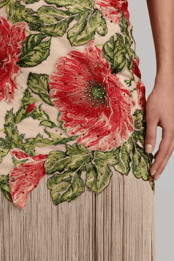 Embroidered One Shoulder Dress With Fringe Hem - ALBOUSHIYA - district 5 - dubai - riyadh - abaya - dresses - designers - evening wear - luxury - elegance - craftsmanship - gowns - cocktail dresses - collections - georges