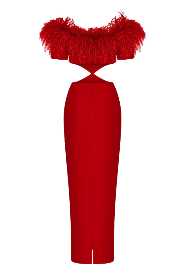 Feather Crepe Maxi Dress with Cutouts - ALBOUSHIYA - district 5 - dubai - riyadh - abaya - dresses - designers - evening wear - luxury - elegance - craftsmanship - gowns - cocktail dresses - collections - georges
