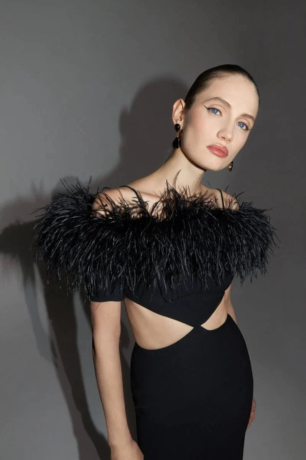 Feather Crepe Maxi Dress with Cutouts - ALBOUSHIYA - district 5 - dubai - riyadh - abaya - dresses - designers - evening wear - luxury - elegance - craftsmanship - gowns - cocktail dresses - collections - georges