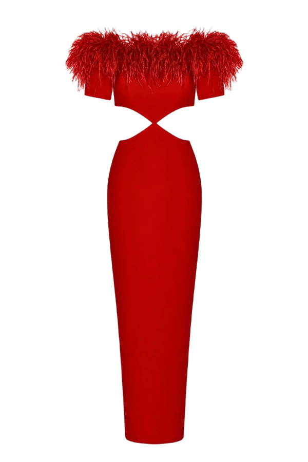 Feather Crepe Maxi Dress with Cutouts - ALBOUSHIYA - district 5 - dubai - riyadh - abaya - dresses - designers - evening wear - luxury - elegance - craftsmanship - gowns - cocktail dresses - collections - georges