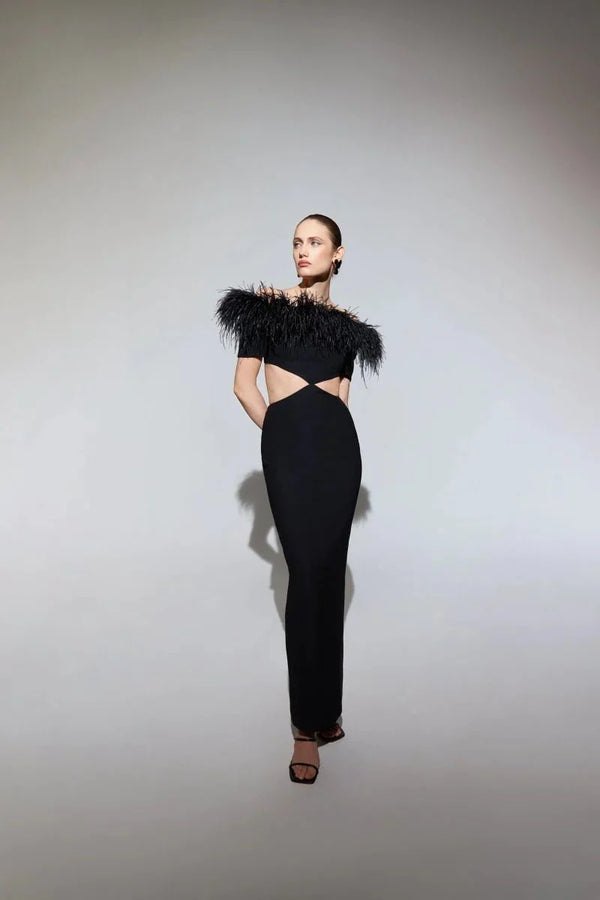 Feather Crepe Maxi Dress with Cutouts - ALBOUSHIYA - district 5 - dubai - riyadh - abaya - dresses - designers - evening wear - luxury - elegance - craftsmanship - gowns - cocktail dresses - collections - georges