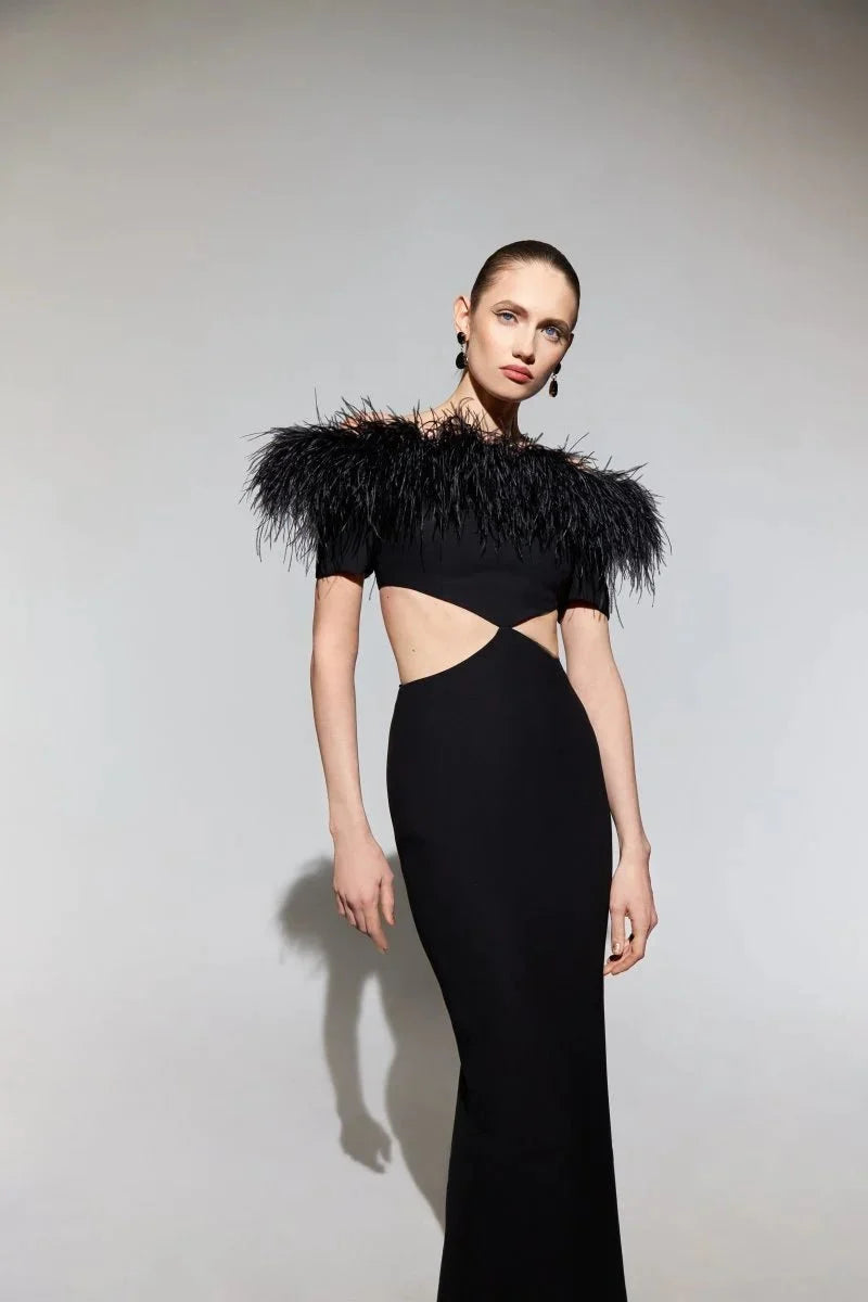 Feather Crepe Maxi Dress with Cutouts - ALBOUSHIYA - district 5 - dubai - riyadh - abaya - dresses - designers - evening wear - luxury - elegance - craftsmanship - gowns - cocktail dresses - collections - georges