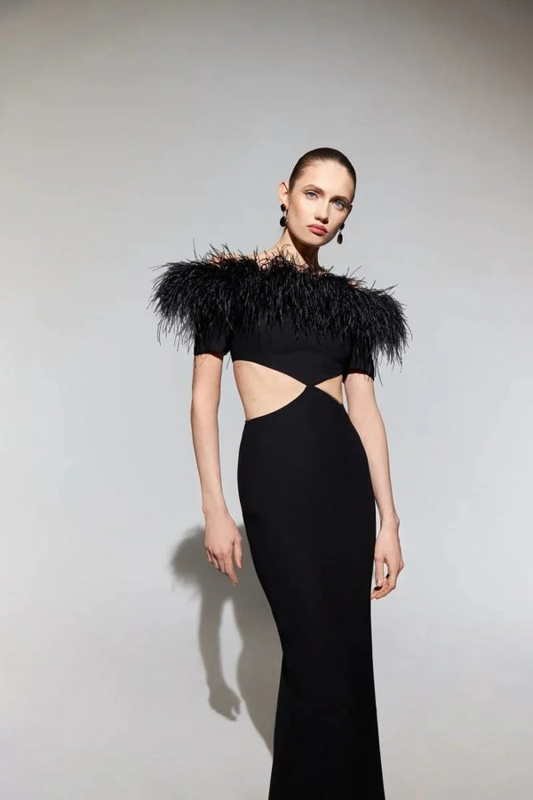 Feather Crepe Maxi Dress with Cutouts - ALBOUSHIYA - district 5 - dubai - riyadh - abaya - dresses - designers - evening wear - luxury - elegance - craftsmanship - gowns - cocktail dresses - collections - georges