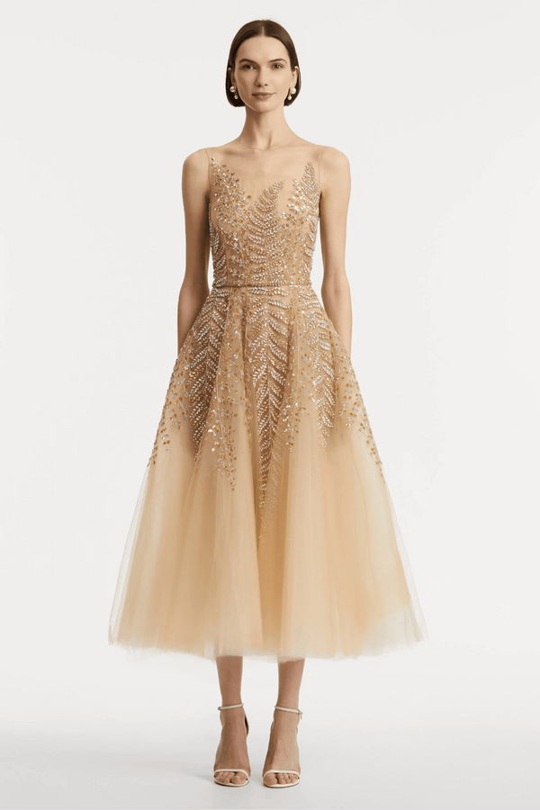 Fern Embroidered Illusion Cocktail Dress - ALBOUSHIYA - district 5 - dubai - riyadh - abaya - dresses - designers - evening wear - luxury - elegance - craftsmanship - gowns - cocktail dresses - collections - georges