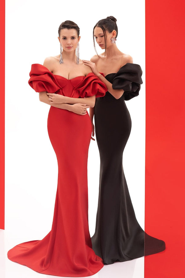 Fitted Off Shoulder Gown - ALBOUSHIYA - district 5 - dubai - riyadh - abaya - dresses - designers - evening wear - luxury - elegance - craftsmanship - gowns - cocktail dresses - collections - georges