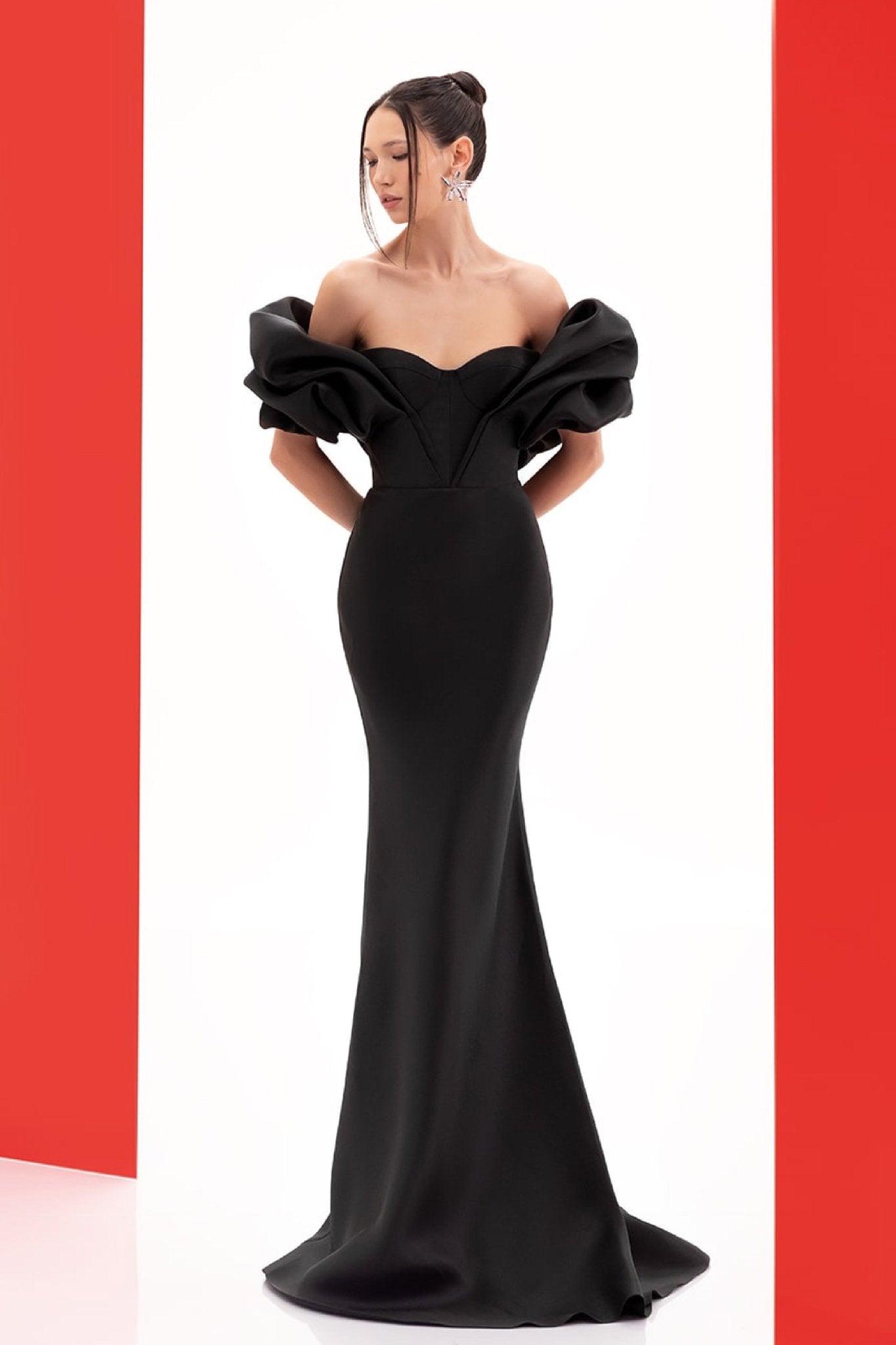 Fitted Off Shoulder Gown - ALBOUSHIYA - district 5 - dubai - riyadh - abaya - dresses - designers - evening wear - luxury - elegance - craftsmanship - gowns - cocktail dresses - collections - georges