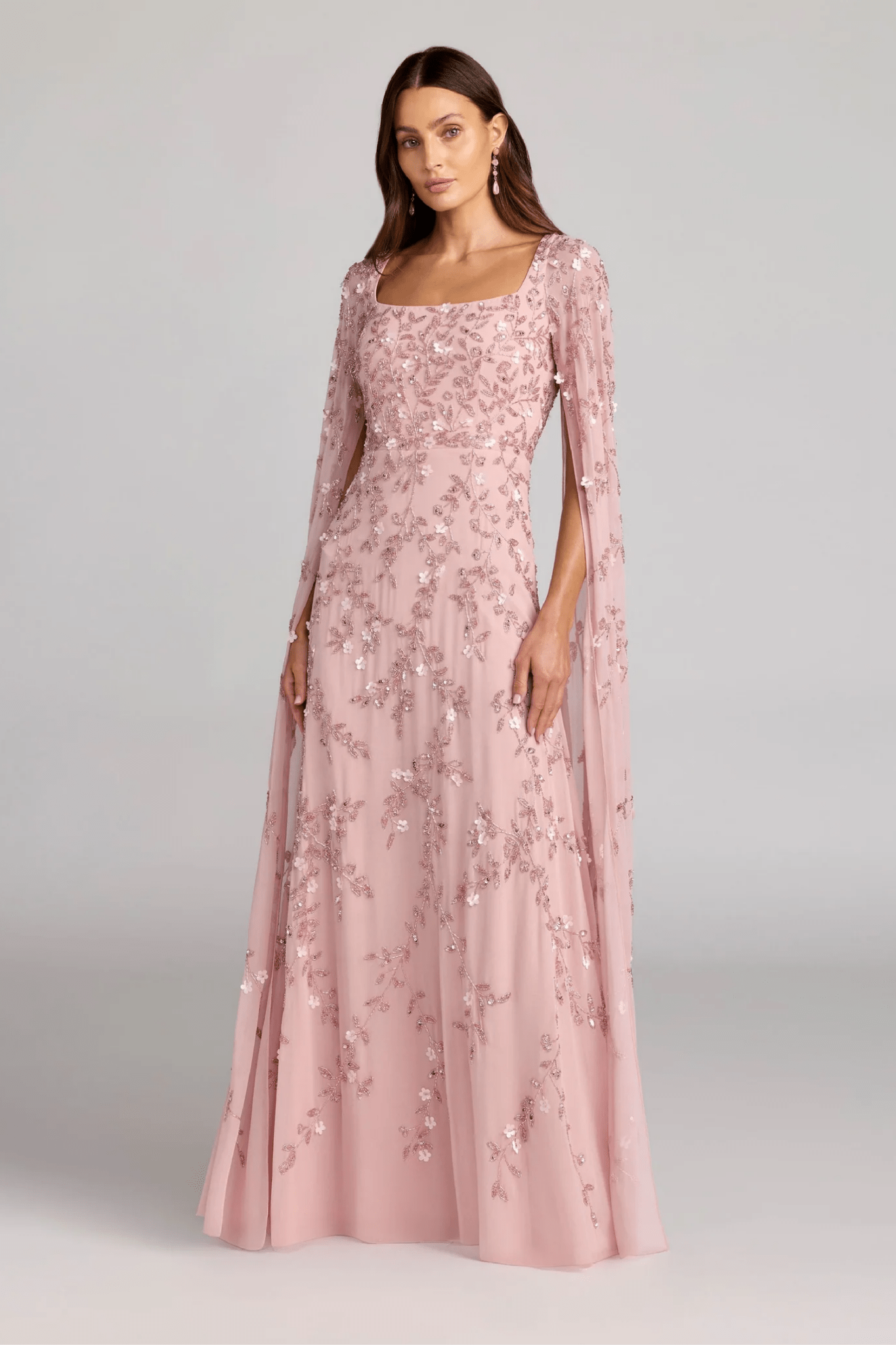 Floral Embellished Cape Sleeve Gown - ALBOUSHIYA - district 5 - dubai - riyadh - abaya - dresses - designers - evening wear - luxury - elegance - craftsmanship - gowns - cocktail dresses - collections - georges