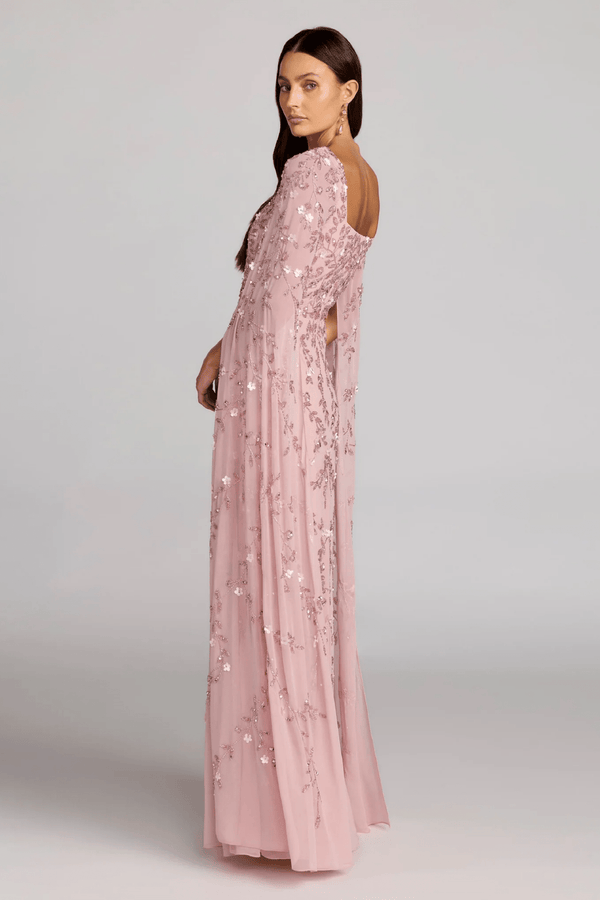 Floral Embellished Cape Sleeve Gown - ALBOUSHIYA - district 5 - dubai - riyadh - abaya - dresses - designers - evening wear - luxury - elegance - craftsmanship - gowns - cocktail dresses - collections - georges