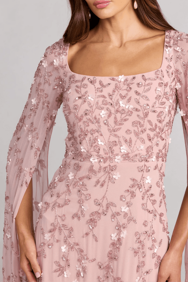Floral Embellished Cape Sleeve Gown - ALBOUSHIYA - district 5 - dubai - riyadh - abaya - dresses - designers - evening wear - luxury - elegance - craftsmanship - gowns - cocktail dresses - collections - georges