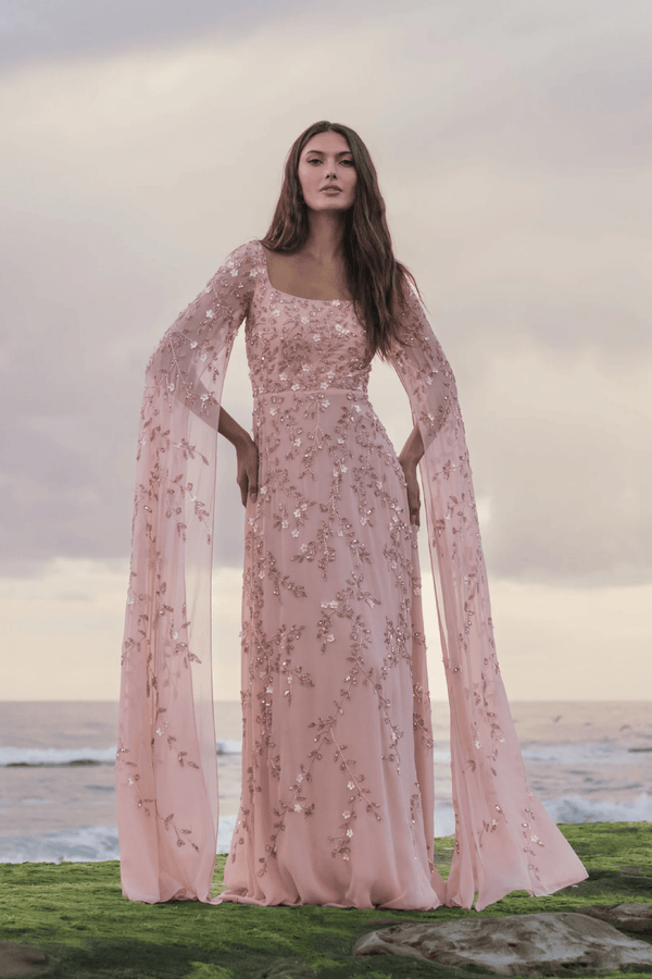 Floral Embellished Cape Sleeve Gown - ALBOUSHIYA - district 5 - dubai - riyadh - abaya - dresses - designers - evening wear - luxury - elegance - craftsmanship - gowns - cocktail dresses - collections - georges