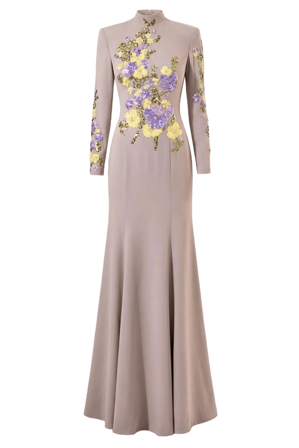 Floral Embellished Crepe Evening Gown - ALBOUSHIYA - district 5 - dubai - riyadh - abaya - dresses - designers - evening wear - luxury - elegance - craftsmanship - gowns - cocktail dresses - collections - georges