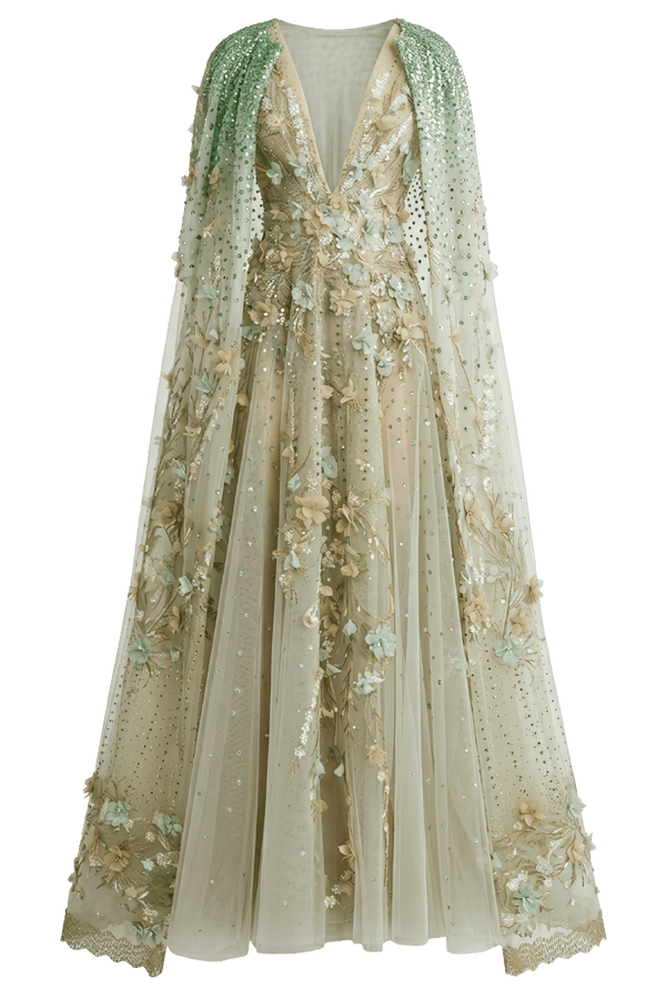 Floral - Embellished Gown with Overcoat - ALBOUSHIYA - district 5 - dubai - riyadh - abaya - dresses - designers - evening wear - luxury - elegance - craftsmanship - gowns - cocktail dresses - collections - georges