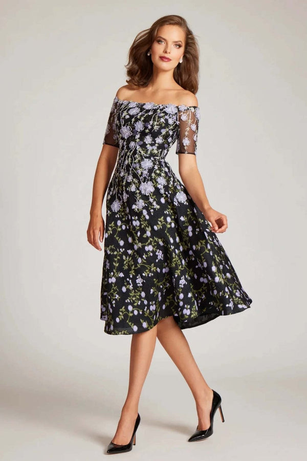 Floral - Embroidered Off - Shoulder Midi Dress - ALBOUSHIYA - district 5 - dubai - riyadh - abaya - dresses - designers - evening wear - luxury - elegance - craftsmanship - gowns - cocktail dresses - collections - georges