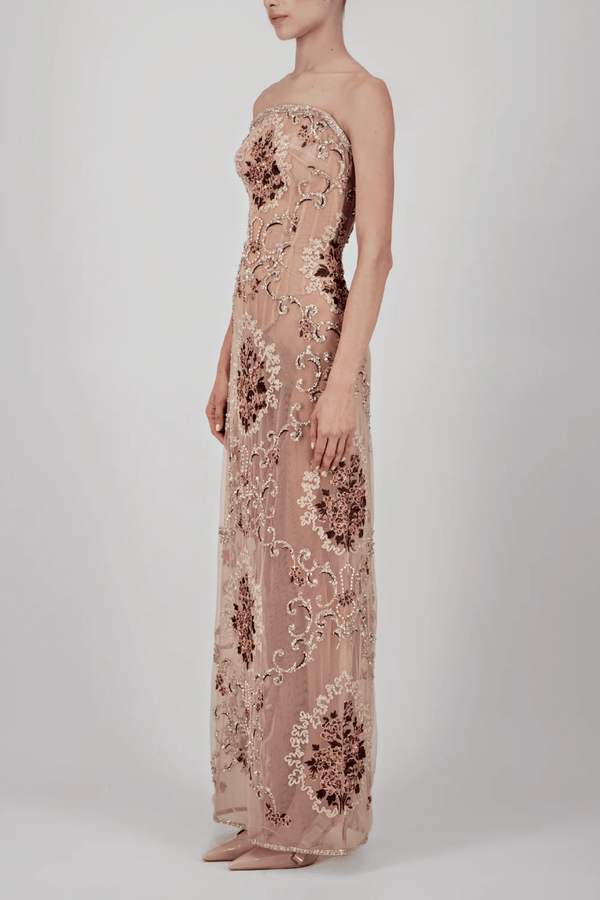 Floral Embroidered Strapless Long Dress - ALBOUSHIYA - district 5 - dubai - riyadh - abaya - dresses - designers - evening wear - luxury - elegance - craftsmanship - gowns - cocktail dresses - collections - georges