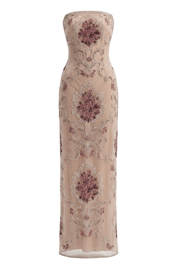 Floral Embroidered Strapless Long Dress - ALBOUSHIYA - district 5 - dubai - riyadh - abaya - dresses - designers - evening wear - luxury - elegance - craftsmanship - gowns - cocktail dresses - collections - georges