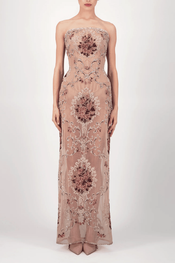 Floral Embroidered Strapless Long Dress - ALBOUSHIYA - district 5 - dubai - riyadh - abaya - dresses - designers - evening wear - luxury - elegance - craftsmanship - gowns - cocktail dresses - collections - georges
