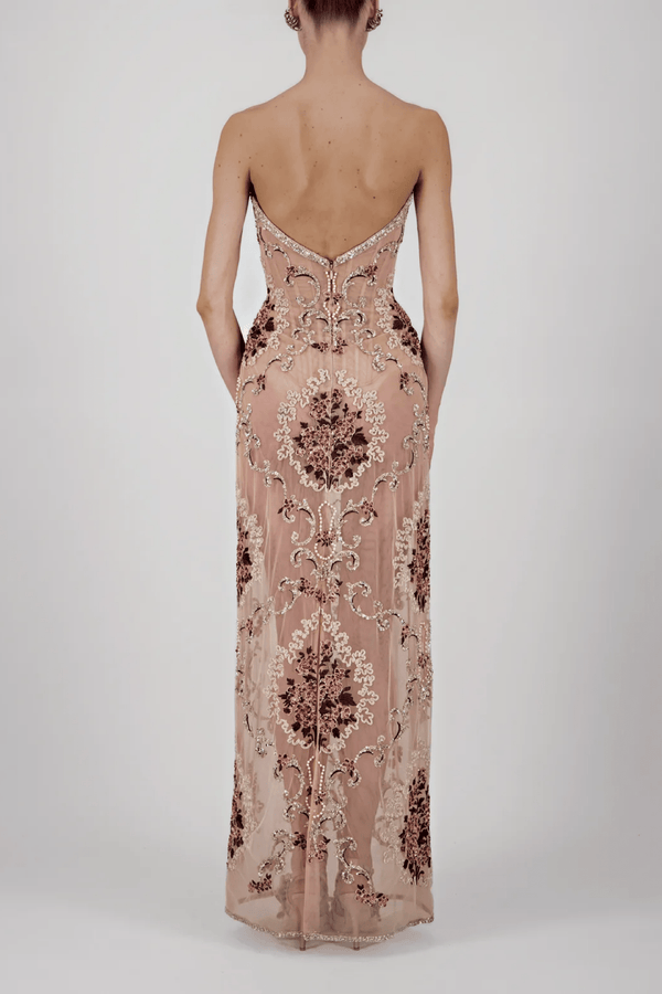 Floral Embroidered Strapless Long Dress - ALBOUSHIYA - district 5 - dubai - riyadh - abaya - dresses - designers - evening wear - luxury - elegance - craftsmanship - gowns - cocktail dresses - collections - georges