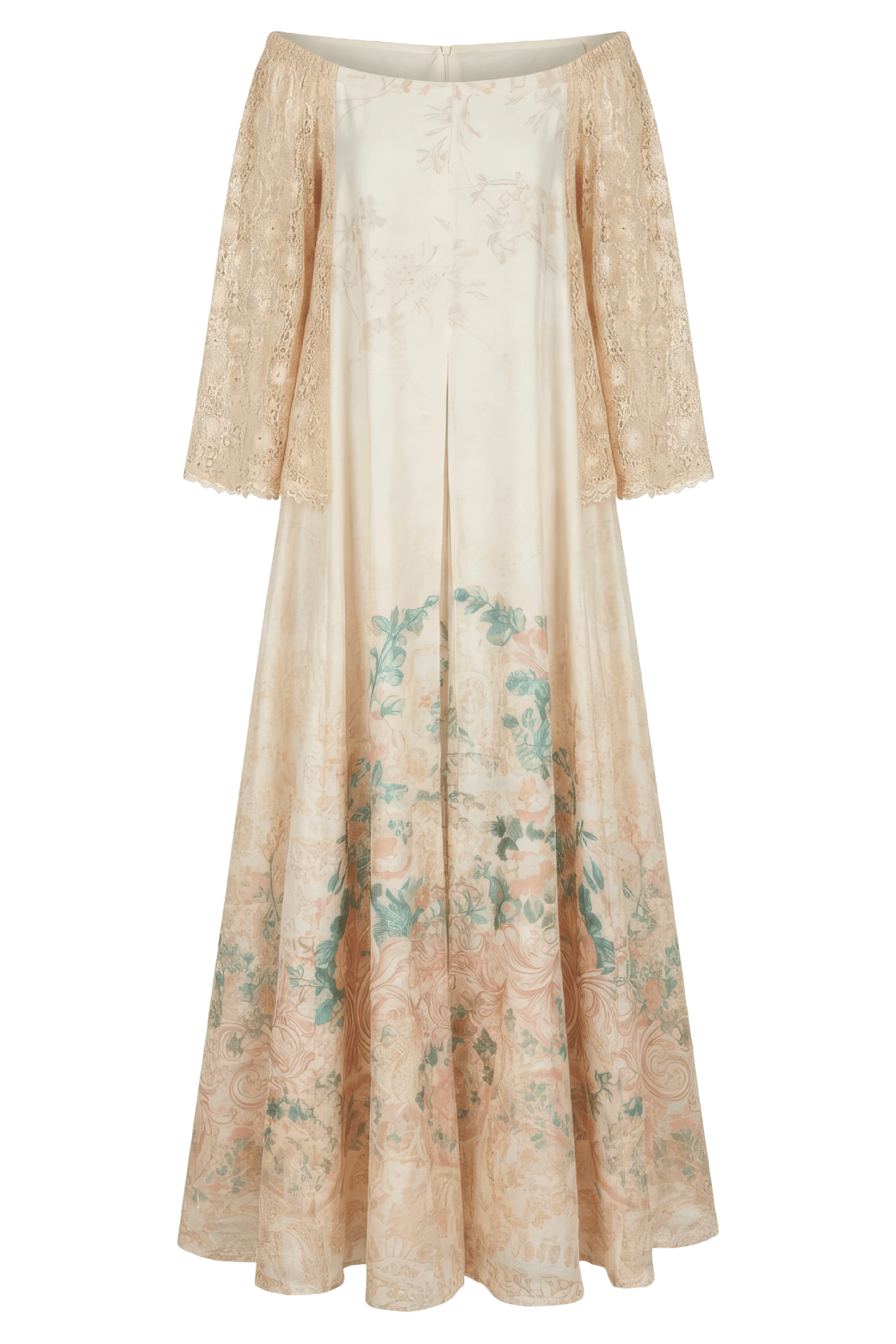 Floral Lace - Sleeve Off - Shoulder Maxi Dress - ALBOUSHIYA - district 5 - dubai - riyadh - abaya - dresses - designers - evening wear - luxury - elegance - craftsmanship - gowns - cocktail dresses - collections - georges