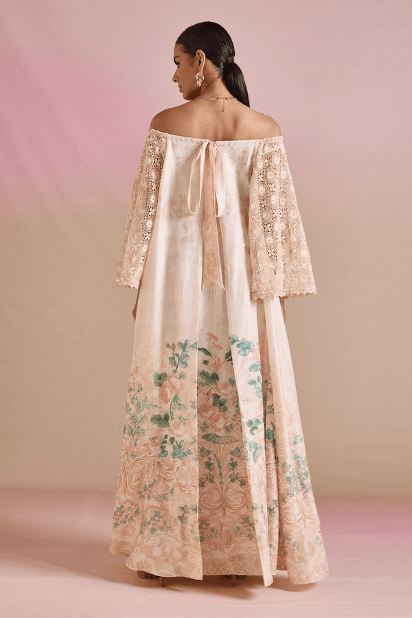Floral Lace - Sleeve Off - Shoulder Maxi Dress - ALBOUSHIYA - district 5 - dubai - riyadh - abaya - dresses - designers - evening wear - luxury - elegance - craftsmanship - gowns - cocktail dresses - collections - georges