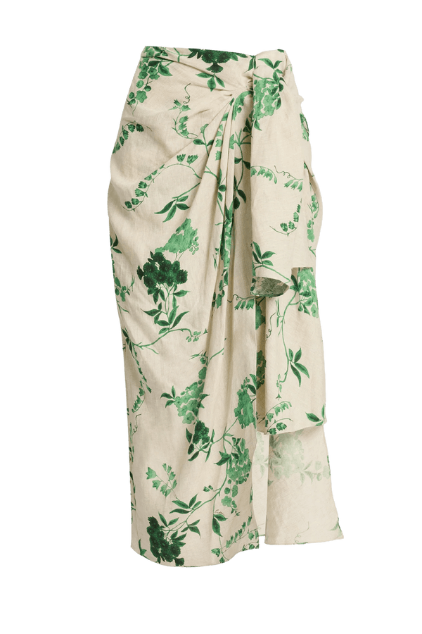 Floral Print Linen Drape Midi Skirt - ALBOUSHIYA - district 5 - dubai - riyadh - abaya - dresses - designers - evening wear - luxury - elegance - craftsmanship - gowns - cocktail dresses - collections - georges