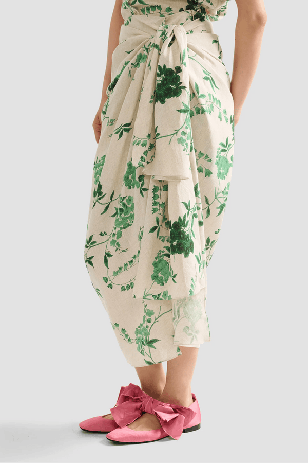 Floral Print Linen Drape Midi Skirt - ALBOUSHIYA - district 5 - dubai - riyadh - abaya - dresses - designers - evening wear - luxury - elegance - craftsmanship - gowns - cocktail dresses - collections - georges