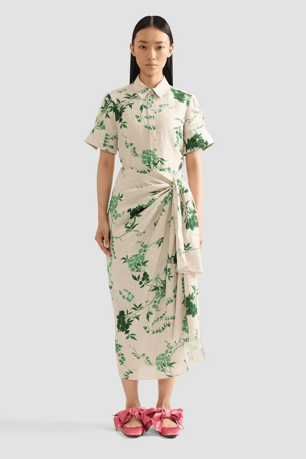 Floral Print Linen Drape Midi Skirt - ALBOUSHIYA - district 5 - dubai - riyadh - abaya - dresses - designers - evening wear - luxury - elegance - craftsmanship - gowns - cocktail dresses - collections - georges