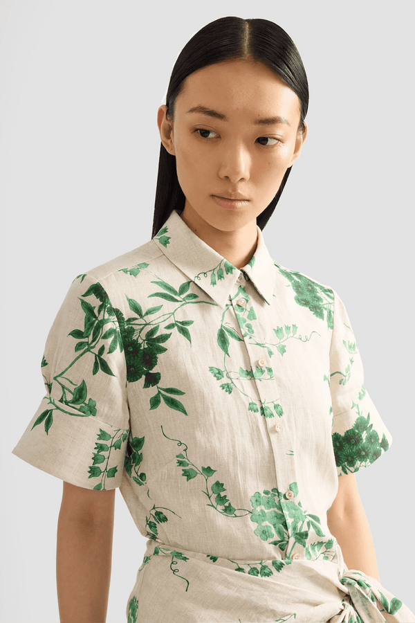 Floral Print Linen Short Sleeve Shirt - ALBOUSHIYA - district 5 - dubai - riyadh - abaya - dresses - designers - evening wear - luxury - elegance - craftsmanship - gowns - cocktail dresses - collections - georges