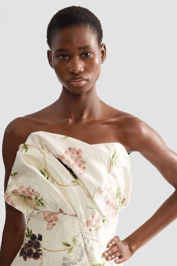 Floral Print Textured Satin Cloud Midi Dress - ALBOUSHIYA - district 5 - dubai - riyadh - abaya - dresses - designers - evening wear - luxury - elegance - craftsmanship - gowns - cocktail dresses - collections - georges