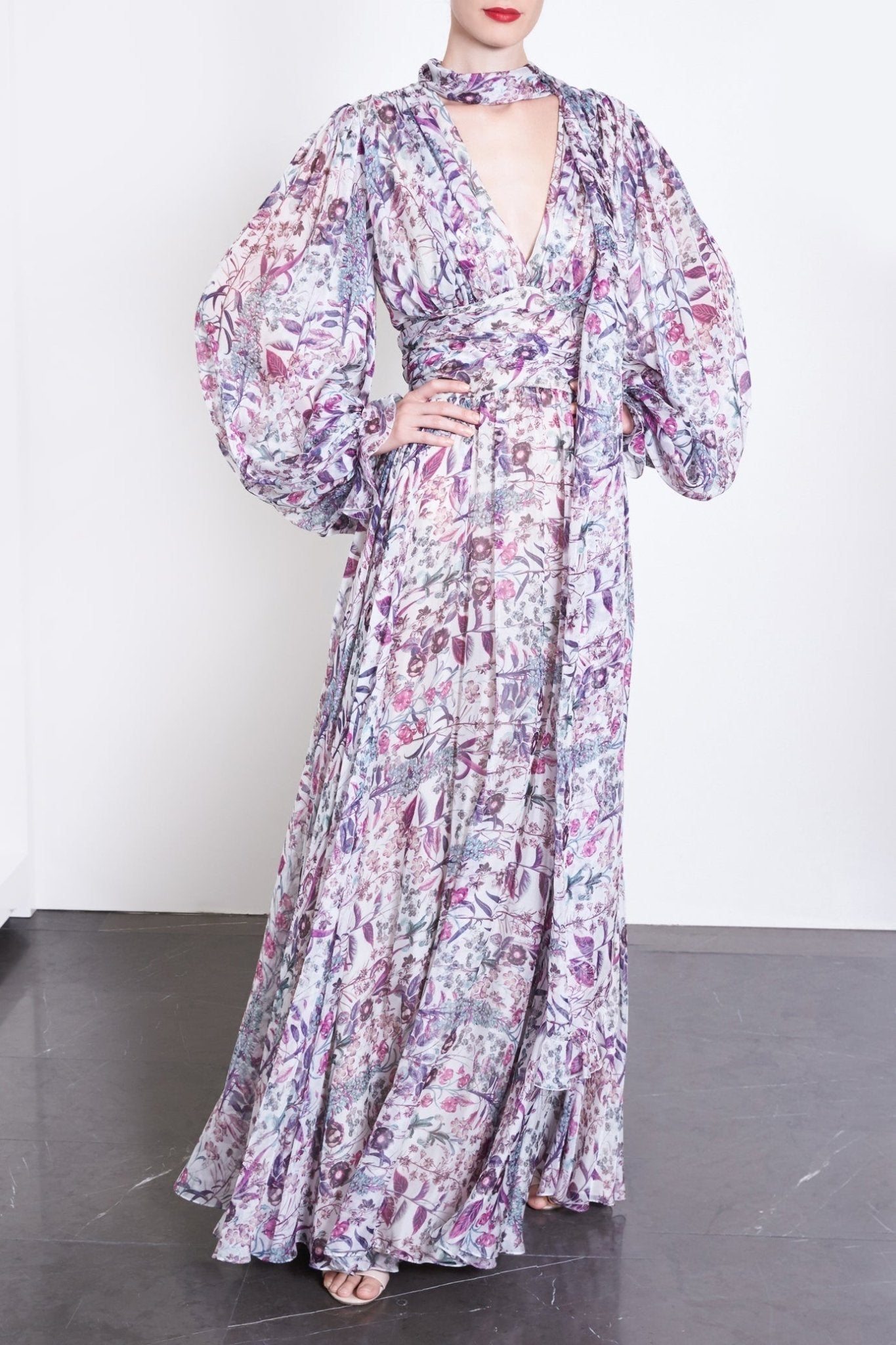 Floral Silk Dress - ALBOUSHIYA - district 5 - dubai - riyadh - abaya - dresses - designers - evening wear - luxury - elegance - craftsmanship - gowns - cocktail dresses - collections - georges