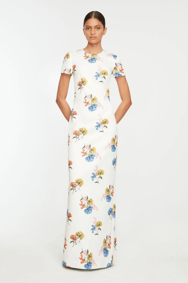 Fosette Dress In Retro Bouquet On White Taffeta Faille - ALBOUSHIYA - district 5 - dubai - riyadh - abaya - dresses - designers - evening wear - luxury - elegance - craftsmanship - gowns - cocktail dresses - collections - georges