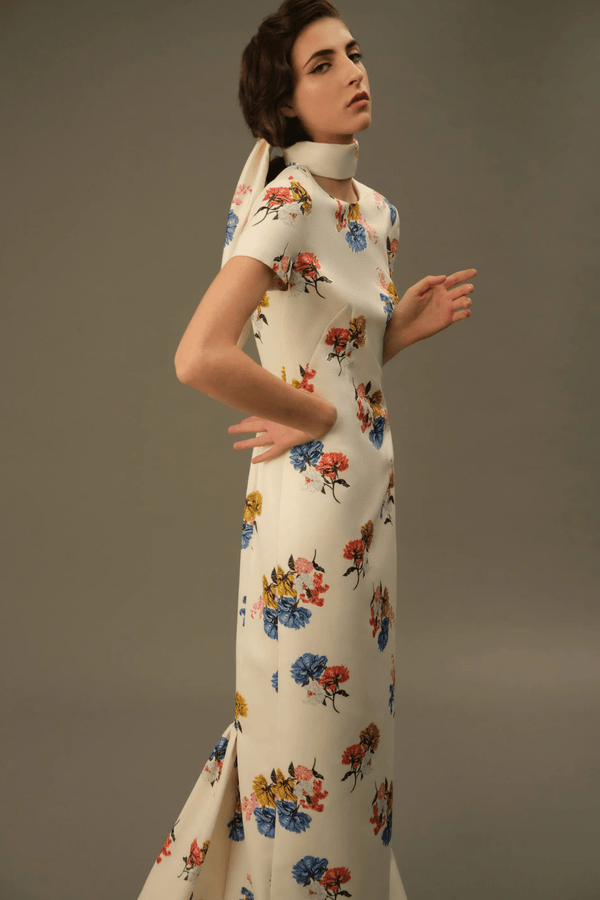 Fosette Dress In Retro Bouquet On White Taffeta Faille - ALBOUSHIYA - district 5 - dubai - riyadh - abaya - dresses - designers - evening wear - luxury - elegance - craftsmanship - gowns - cocktail dresses - collections - georges