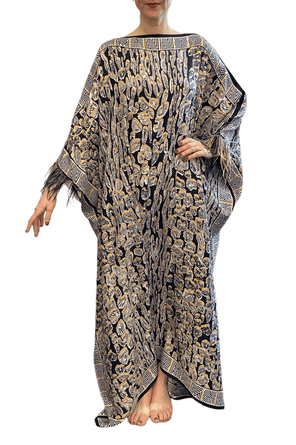 Gold Leopard of the East Caftan with Feathered Cuffs - ALBOUSHIYA - district 5 - dubai - riyadh - abaya - dresses - designers - evening wear - luxury - elegance - craftsmanship - gowns - cocktail dresses - collections - georges