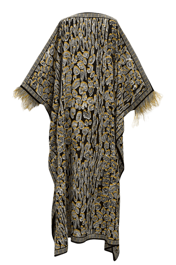 Gold Leopard of the East Caftan with Feathered Cuffs - ALBOUSHIYA - district 5 - dubai - riyadh - abaya - dresses - designers - evening wear - luxury - elegance - craftsmanship - gowns - cocktail dresses - collections - georges
