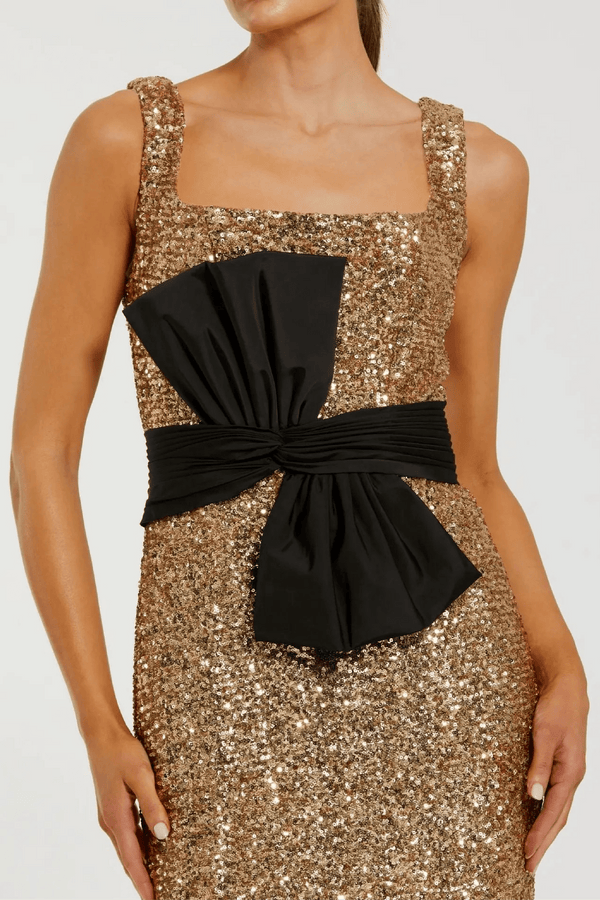 Gold Sequin Square Neck Column Gown With Faille Bow - ALBOUSHIYA - district 5 - dubai - riyadh - abaya - dresses - designers - evening wear - luxury - elegance - craftsmanship - gowns - cocktail dresses - collections - georges