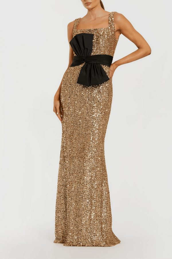 Gold Sequin Square Neck Column Gown With Faille Bow - ALBOUSHIYA - district 5 - dubai - riyadh - abaya - dresses - designers - evening wear - luxury - elegance - craftsmanship - gowns - cocktail dresses - collections - georges