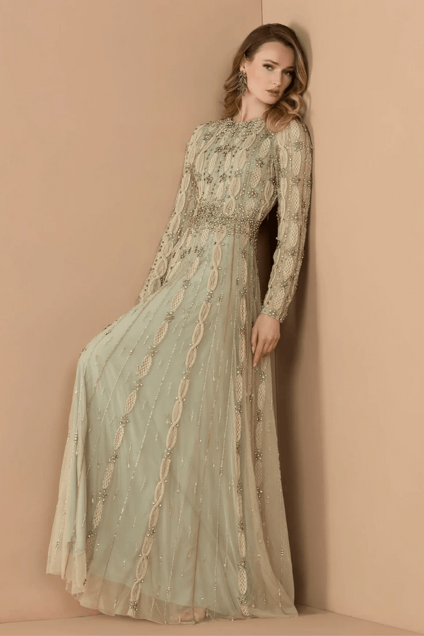 Green Embellished Long Sleeve A-Line Gown - ALBOUSHIYA - district 5 - dubai - riyadh - abaya - dresses - designers - evening wear - luxury - elegance - craftsmanship - gowns - cocktail dresses - collections - georges