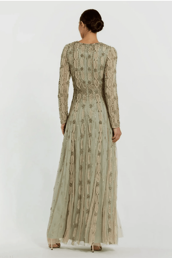Green Embellished Long Sleeve A-Line Gown - ALBOUSHIYA - district 5 - dubai - riyadh - abaya - dresses - designers - evening wear - luxury - elegance - craftsmanship - gowns - cocktail dresses - collections - georges