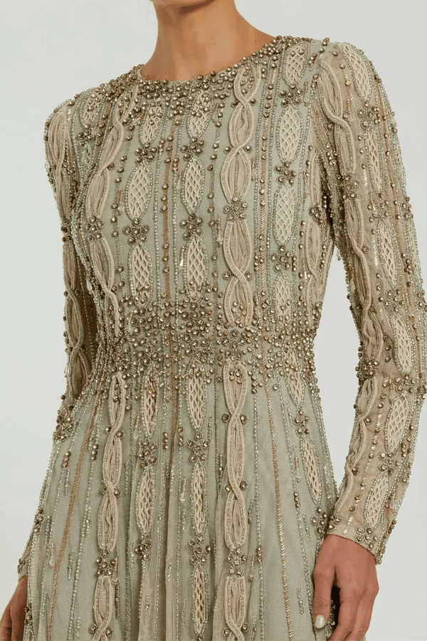 Green Embellished Long Sleeve A-Line Gown - ALBOUSHIYA - district 5 - dubai - riyadh - abaya - dresses - designers - evening wear - luxury - elegance - craftsmanship - gowns - cocktail dresses - collections - georges