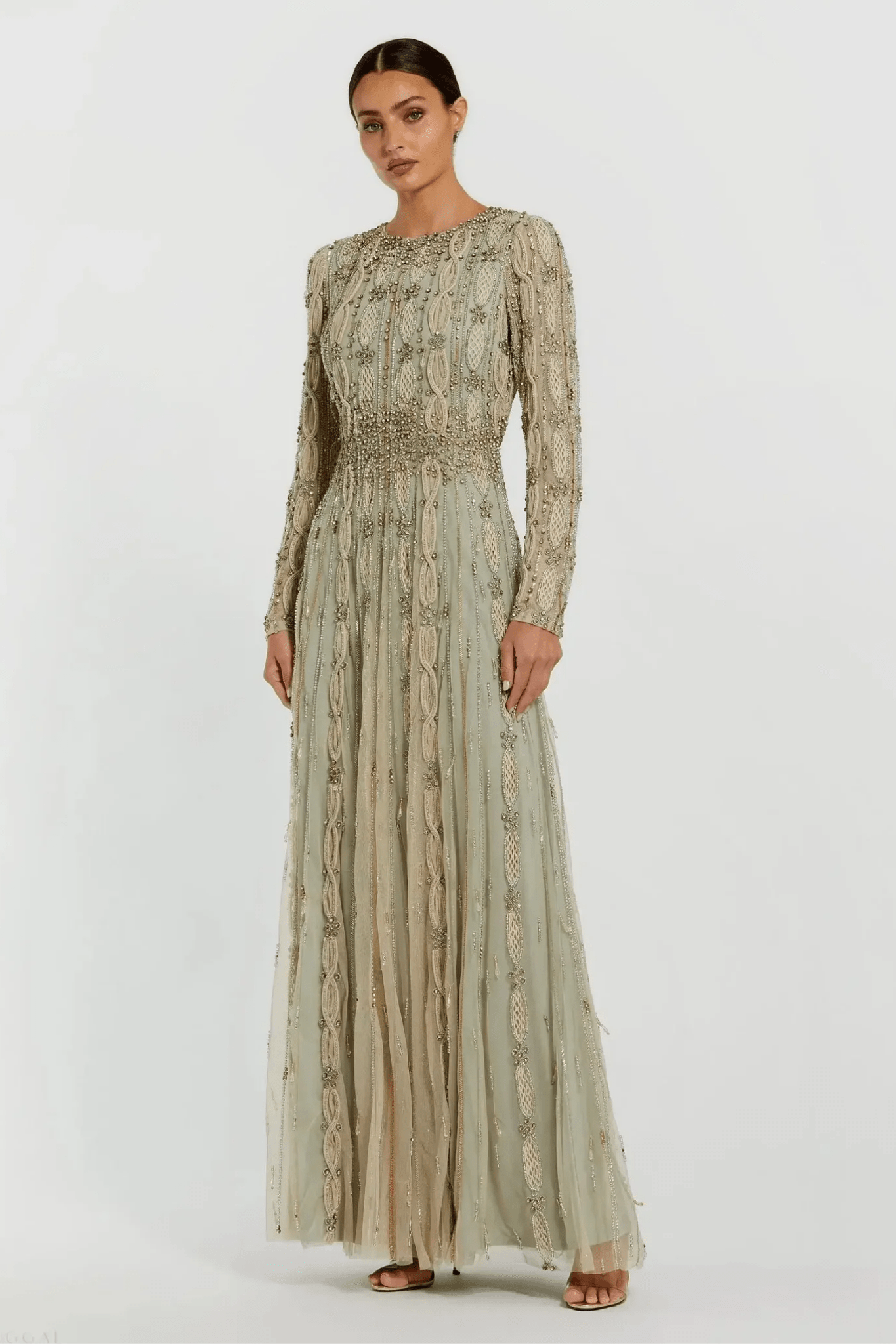 Green Embellished Long Sleeve A-Line Gown - ALBOUSHIYA - district 5 - dubai - riyadh - abaya - dresses - designers - evening wear - luxury - elegance - craftsmanship - gowns - cocktail dresses - collections - georges