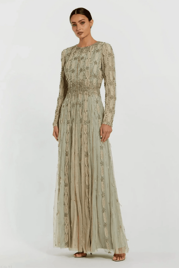 Green Embellished Long Sleeve A-Line Gown - ALBOUSHIYA - district 5 - dubai - riyadh - abaya - dresses - designers - evening wear - luxury - elegance - craftsmanship - gowns - cocktail dresses - collections - georges