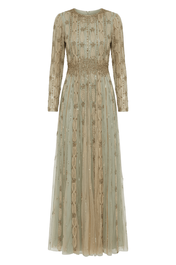 Green Embellished Long Sleeve A-Line Gown - ALBOUSHIYA - district 5 - dubai - riyadh - abaya - dresses - designers - evening wear - luxury - elegance - craftsmanship - gowns - cocktail dresses - collections - georges