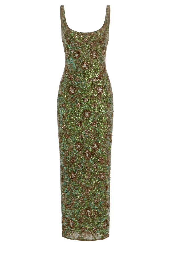 Green Sleeveless Hand Embellished Floral Maxi Dress - ALBOUSHIYA - district 5 - dubai - riyadh - abaya - dresses - designers - evening wear - luxury - elegance - craftsmanship - gowns - cocktail dresses - collections - georges