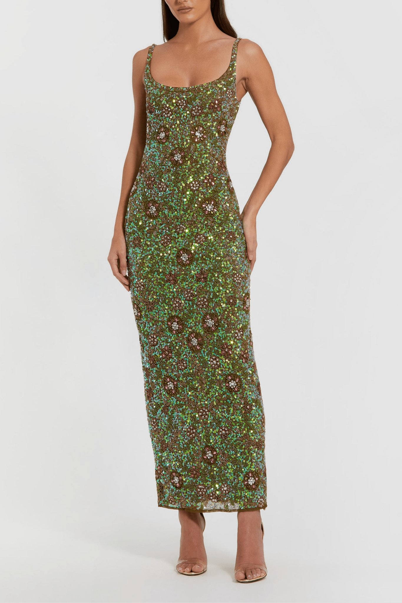 Green Sleeveless Hand Embellished Floral Maxi Dress - ALBOUSHIYA - district 5 - dubai - riyadh - abaya - dresses - designers - evening wear - luxury - elegance - craftsmanship - gowns - cocktail dresses - collections - georges
