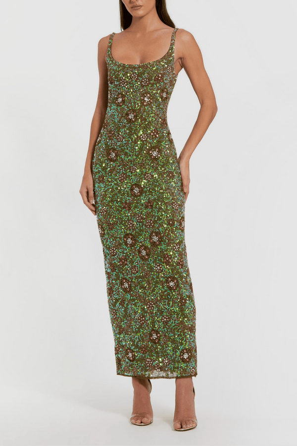Green Sleeveless Hand Embellished Floral Maxi Dress - ALBOUSHIYA - district 5 - dubai - riyadh - abaya - dresses - designers - evening wear - luxury - elegance - craftsmanship - gowns - cocktail dresses - collections - georges