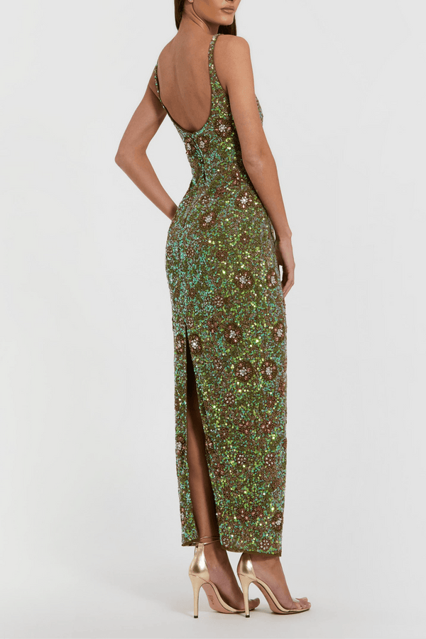 Green Sleeveless Hand Embellished Floral Maxi Dress - ALBOUSHIYA - district 5 - dubai - riyadh - abaya - dresses - designers - evening wear - luxury - elegance - craftsmanship - gowns - cocktail dresses - collections - georges