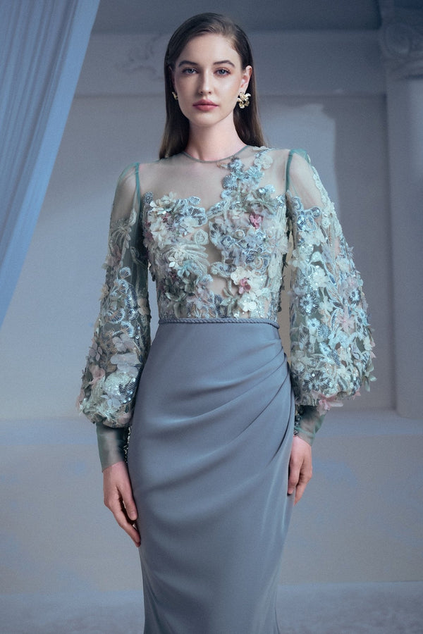 Grey Fitted Drapes Floral Gown - ALBOUSHIYA - district 5 - dubai - riyadh - abaya - dresses - designers - evening wear - luxury - elegance - craftsmanship - gowns - cocktail dresses - collections - georges