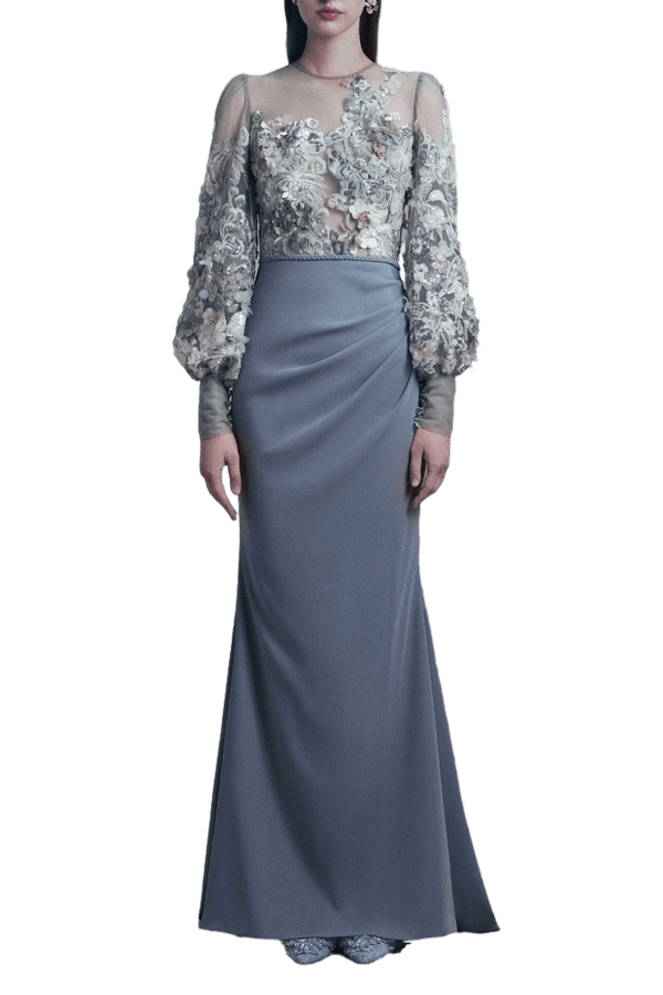 Grey Fitted Drapes Floral Gown - ALBOUSHIYA - district 5 - dubai - riyadh - abaya - dresses - designers - evening wear - luxury - elegance - craftsmanship - gowns - cocktail dresses - collections - georges