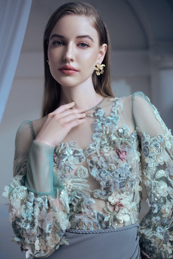 Grey Fitted Drapes Floral Gown - ALBOUSHIYA - district 5 - dubai - riyadh - abaya - dresses - designers - evening wear - luxury - elegance - craftsmanship - gowns - cocktail dresses - collections - georges