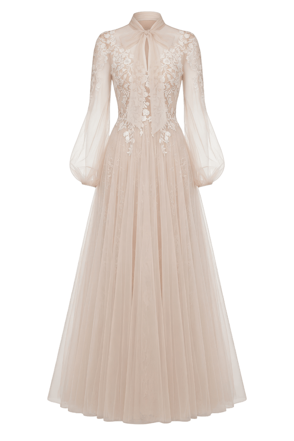Hand-Embroidered Lace-Under-Tulle Gown with Bow Tie - ALBOUSHIYA - district 5 - dubai - riyadh - abaya - dresses - designers - evening wear - luxury - elegance - craftsmanship - gowns - cocktail dresses - collections - georges